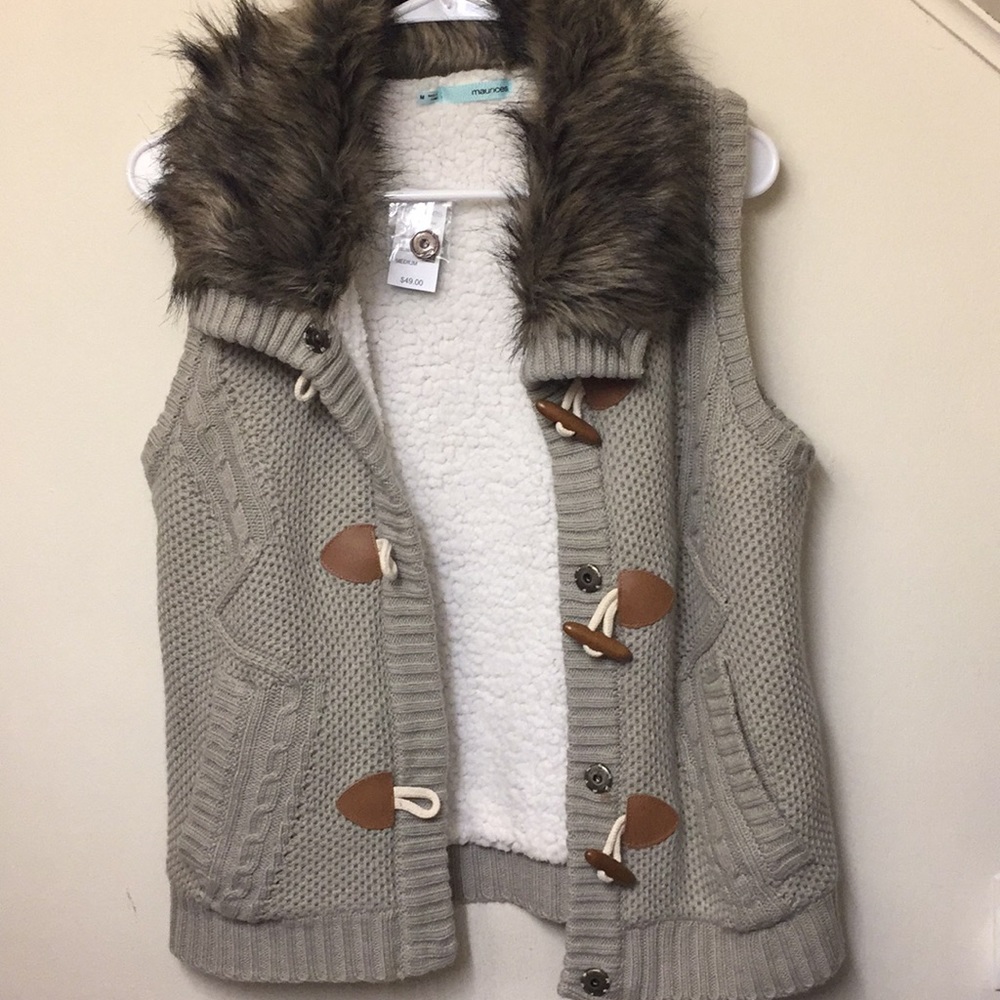 Fur collar knit vest